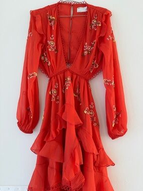 ASOS Red Floral Embroidered Long-Sleeve Ruffle Mini Dress